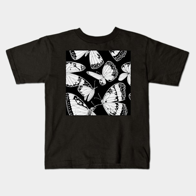 Vintage Floral Cottagecore Abstract Butterfly Wings Romantic Flower Design Black and White Kids T-Shirt by VintageFlorals